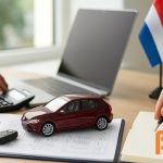 Modelauto met autosleutels, verzekeringspapieren en laptop op bureau met Nederlandse vlag – symbool voor autoverzekering in Nederland