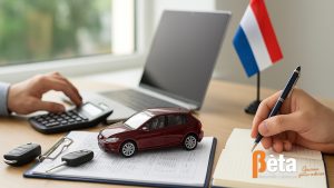 Modelauto met autosleutels, verzekeringspapieren en laptop op bureau met Nederlandse vlag – symbool voor autoverzekering in Nederland