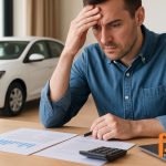 Man die financiële documenten bekijkt met zorgen, leaseauto zichtbaar op de achtergrond – illustratie van de invloed van private lease op hypotheekaanvraag