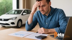 Man die financiële documenten bekijkt met zorgen, leaseauto zichtbaar op de achtergrond – illustratie van de invloed van private lease op hypotheekaanvraag