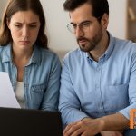 Een jonge man en vrouw bekijken samen financiële documenten op een laptop, symbolisch voor starters die hun verzekeringen en financiële toekomst plannen.