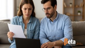 Een jonge man en vrouw bekijken samen financiële documenten op een laptop, symbolisch voor starters die hun verzekeringen en financiële toekomst plannen.