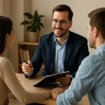 Financieel adviseur van Bèta Financiële Diensten in gesprek met een jong stel in een warme, lichte kantooromgeving.