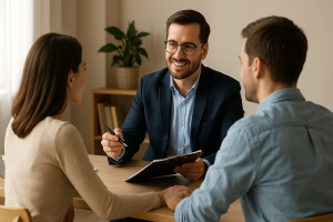 Financieel adviseur van Bèta Financiële Diensten in gesprek met een jong stel in een warme, lichte kantooromgeving.