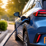 Elektrische auto die wordt opgeladen bij een laadpaal in een groene omgeving