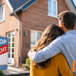 Koppel staat voor hun nieuwe woning met een ‘Te koop – Verkocht’ bord, symbool voor een succesvolle woningkoop met hypotheekadvies van Bèta Financiële Diensten