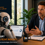 Financieel adviseur in gesprek met een AI-robot in modern kantoor van Bèta Financiële Diensten over persoonlijk financieel advies en technologie in 2026.