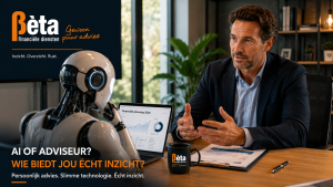 Financieel adviseur in gesprek met een AI-robot in modern kantoor van Bèta Financiële Diensten over persoonlijk financieel advies en technologie in 2026.