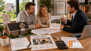 Hypotheekadviseur bespreekt met een doorstromend stel het meenemen van hun hypotheek aan tafel met een Nederlands woonhuis, financiële documenten en berekeningen.