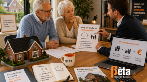 Ouder echtpaar bespreekt met een financieel adviseur hoe de overwaarde van hun woning kan worden gebruikt om hun kinderen te helpen bij de aankoop van een eerste huis.