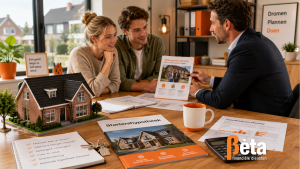 Jong stel bespreekt een startershypotheek met een hypotheekadviseur aan tafel met een Nederlands woonhuis, hypotheekdocumenten en financiële berekeningen.